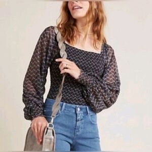 Anthropology Rouen Charcoal Grey Smocked Long Sleeve Blouse M